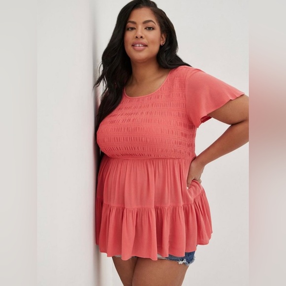 torrid Tops - Torrid Women Plus Size 1 Coral Pink Babydoll Crinkle Gauze Smocked Top
